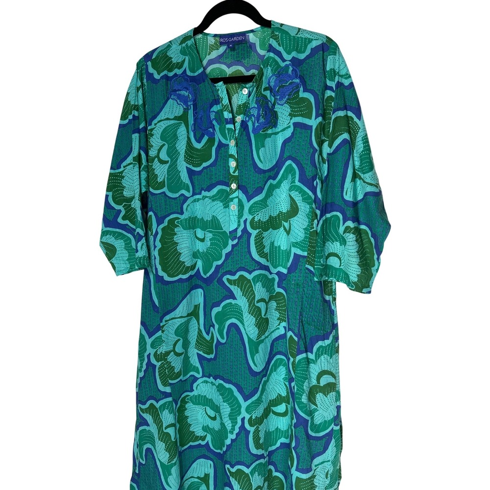 Anthropologie Ro's Garden Floral Embroidered Kaftan‎ Henley Dress Green Blue XL